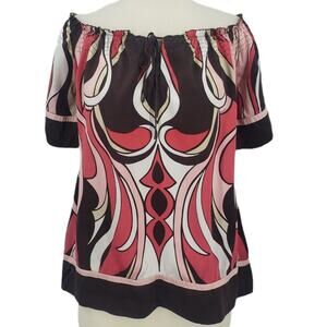 Bebe 100% Silk Off Shoulder Gathered Tie Neck Print Blouse Shirt Top